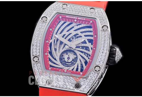0 0 0 0 0 RM051-053D HHWF RM051 Tourbillon Diamond Twister SS/RU Skeletonized Asian Custom Calibre Red Rubber Strap 