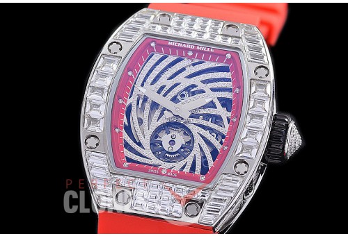 0 0 0 0 0 RM051-053D1 HHWF RM051 Tourbillon Diamond Twister SS/RU Skeletonized Asian Custom Calibre Red Rubber Strap 