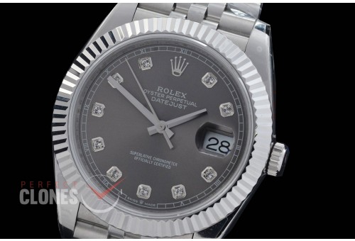 R41DJS-DD3235FS-013J QF 126334 SS/SS Fluted/Jubilee Dark Rhodium Grey Diamonds DD 3235 Free Sprung 904L Steel / Extra Weighted Casework - 72 Hours Reserve 