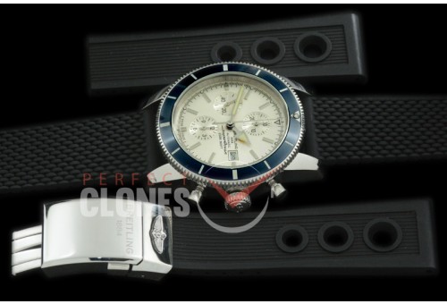 0 0 BLSF-HC46-082R OMF Superocean Heritage Chronograph SS/RU White/BlueA-7750 - Free Ocean Diver Strap with Diver Extension Clasp 