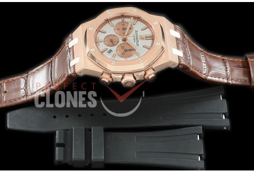 AP26331-111L OMF Royal Oak Chronograph RG/LE White A-7750 Mod 1-1 Thickness - Free Bundle Rubber Strap 
