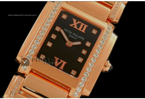 PP01039 Ladies 24 Hours Double/Band Diamonds RG Black Swiss Qtz