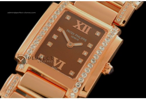 PP0104Ladies 24 Hours Double/Band Diamonds RG Choco Swiss Qtz