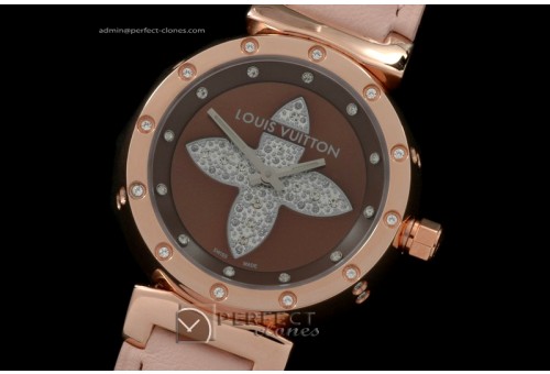 LV01032 Tambour Ladies Lovely Diamonds RG Brown Dial Swiss Quart