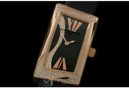 VC1972-112D 1972 Ladies RG/Diam/LE Black Swiss Qtz