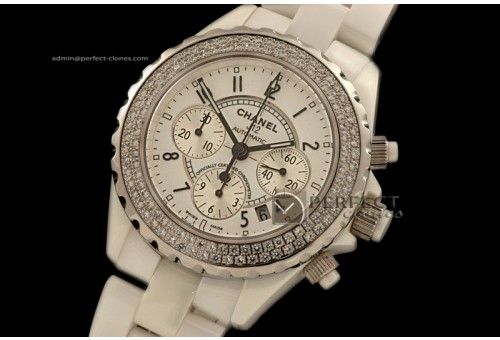 CHA00091 J12 Auto Chrono Wht/Diam Full Ceramic A-775Sec