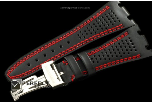 APA10009 Black Preforated Leather Red Stitch Strap c/w Clasp