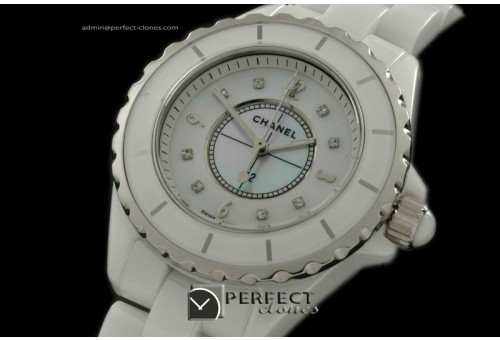 CHA01008 J12 Ladies White Ceramic MOP White Diam Jap Quartz