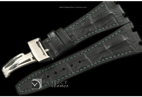 APA10011 Black Horn Back Leather Strap Green Stitch c/w Clasp