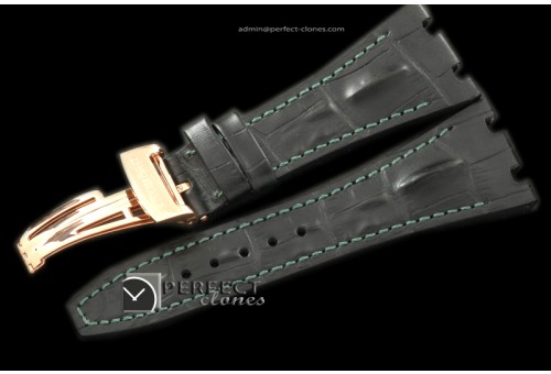 APA10012 Black Horn Back Leather Strap Green Stitch c/w RG Clasp