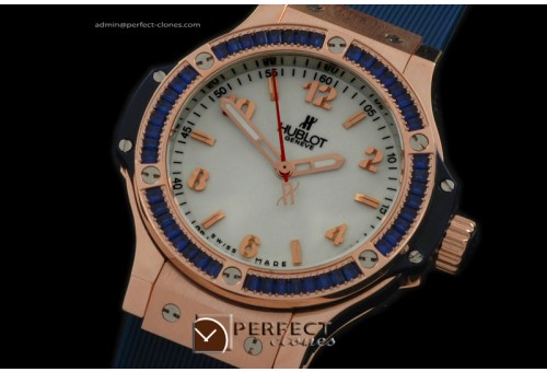 HB38-01058 Big Bang 38mm RG/Blue/Sq Rub/RU Aspen White Swiss Qtz