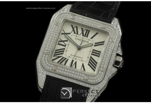 CARS00092BK Santos 10Men SS/Diam/LE White Asian 2824 Ul