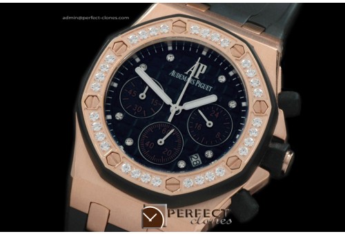 APROL10017 Royal Oak Ladies Chrono RG/RU Diam Bez Black Jap OS20