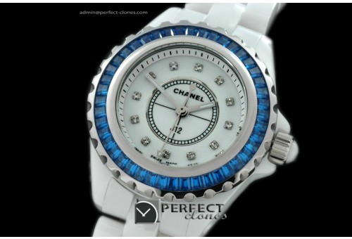 CHA-MI-1006 J12 Mini White Ceramic Sq/Blue Japanese Quartz/Boxs