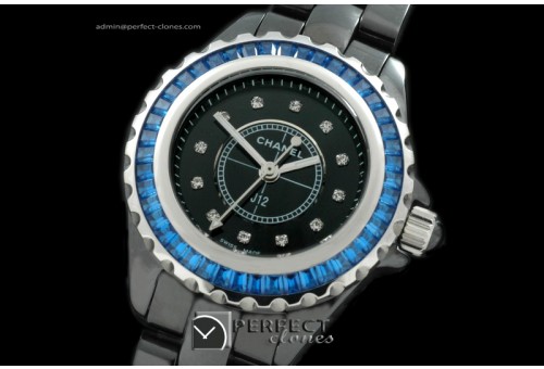 CHA-MI-1016 J12 Mini Black Ceramic Sq/Blue Japanese Quartz/Bo