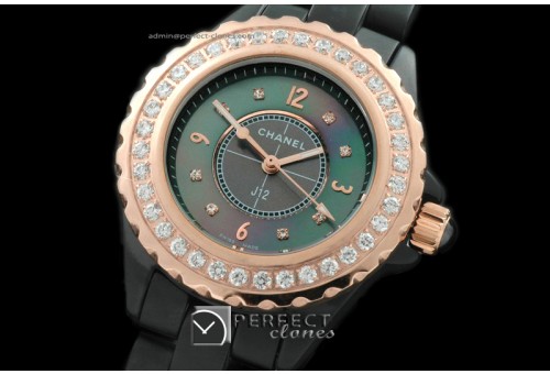 CHA00302L J12 Ladies Cer/Blk/RG/Diam MOP Black Diam Jap Qtz