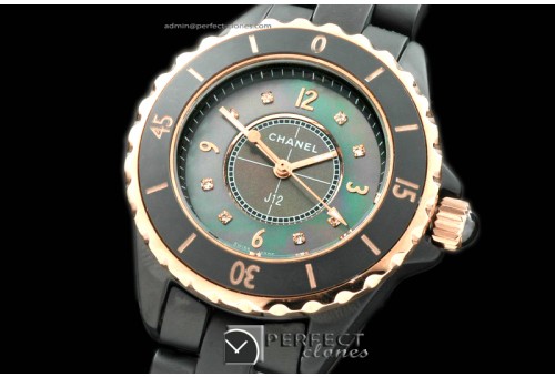 CHA00301L J12 Ladies Cer/Blk/RG MOP Black Diam Jap Qtz