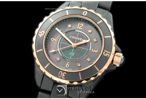 CHA00301 J12 Men Cer/Blk/RG MOP Black Diam Jap Qtz