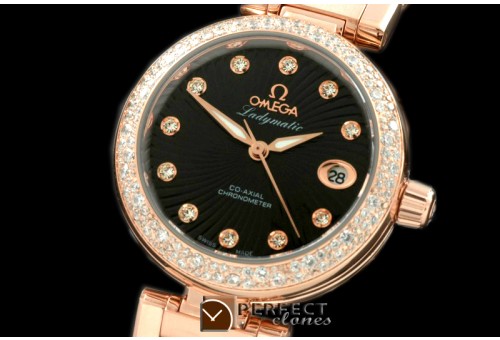 OMDEL00112D Deville Ladymatic RG/RG/Diam Blk Swiss Quartz