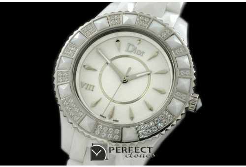 CD00105 Dior VIII Full Size Cer/Cer/Diam White Jap Quartz