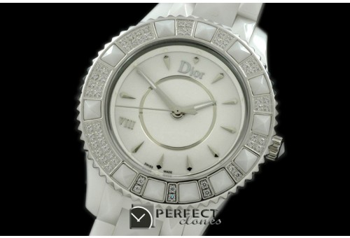 CD00105A Dior VIII Mid Size Cer/Cer/Diam White Jap Quartz