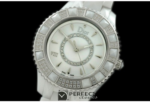 CD00107A Dior VIII Mid Size Cer/Cer/Diam White Jap Quartz