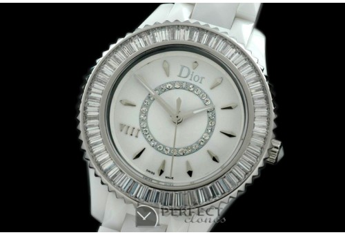 CD00121A Dior VIII Mid Size Cer/Cer/Wht Diam White Jap Quartz