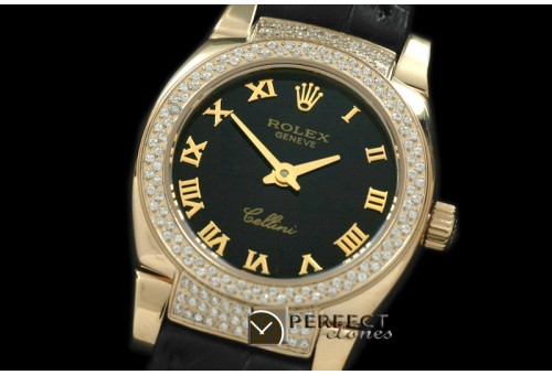 RLCM00207DL Ladies Mini Cellini YG/LE Black Roman Swiss Qtz