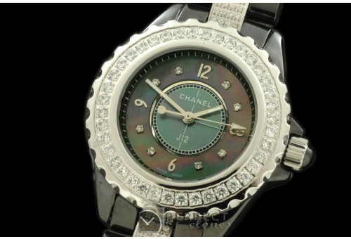 CHA00404LD J12 MOP Black Ceramic/Diam Ladies Japanese Quartz