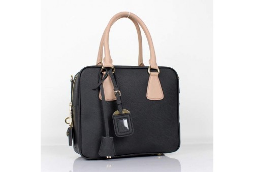 PR0757-1 BL0757 Saffiano Leather Boston Bag Black/Apricot