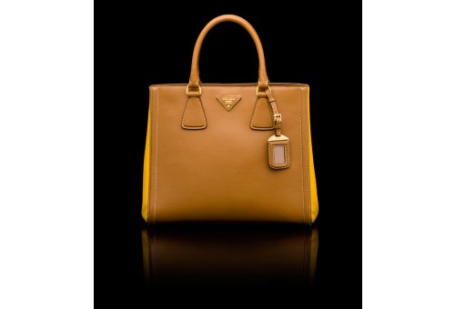 PR2438-4 B2438 Saffiano Leather Tote Brown/Yellow