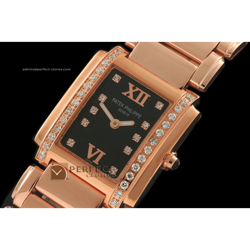PP01025 Ladies 24 Hours Single Diamonds RG Black Swiss Quartz