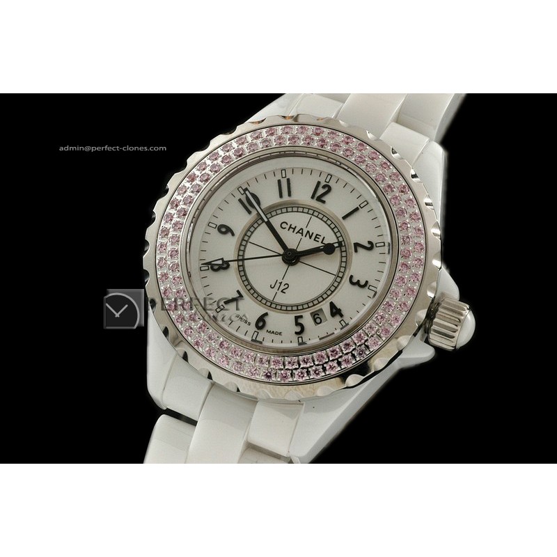 CHA10021 J12 White Ceramic Pink Diamonds Ladies Japanese Quartz