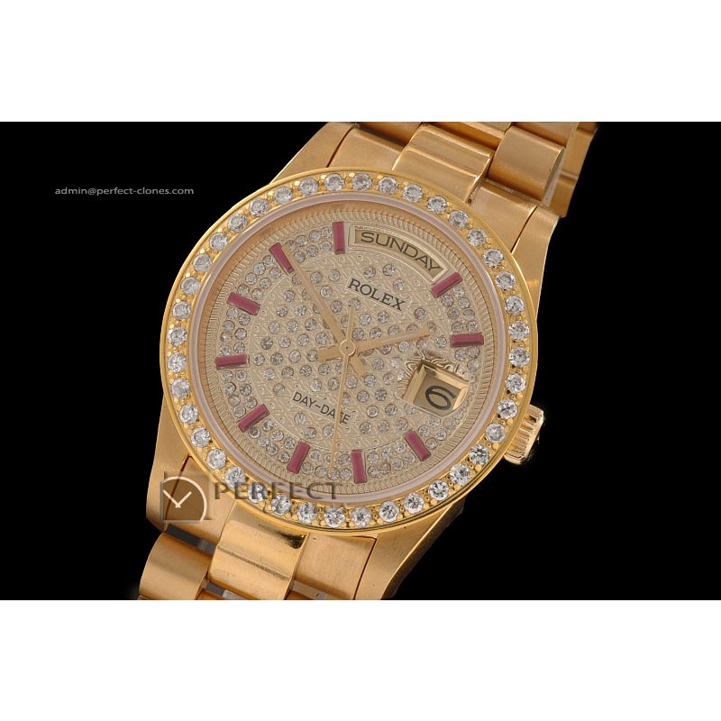 RLDDF10026 Full Gold Diamond Dial Ruby Stick Markers Eta 2836