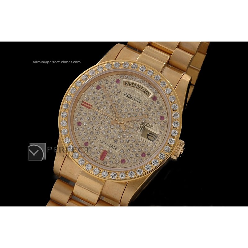 RLDDF10027 Full Gold Diamond Dial Ruby Stick Markers Eta 2836