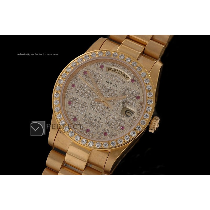 RLDDF10028 Full Gold Diamond Dial Ruby Markers Eta 2836