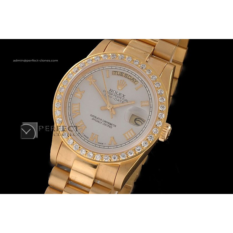 RLDDF1003Full Gold White Dial Roman Markers Diam Bez Eta 2836