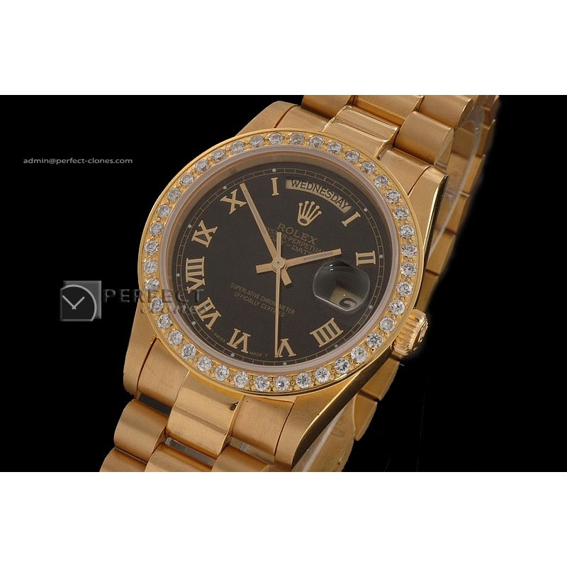 RLDDF10031 Full Gold Black Dial Roman Markers Diam Bez Eta 2836