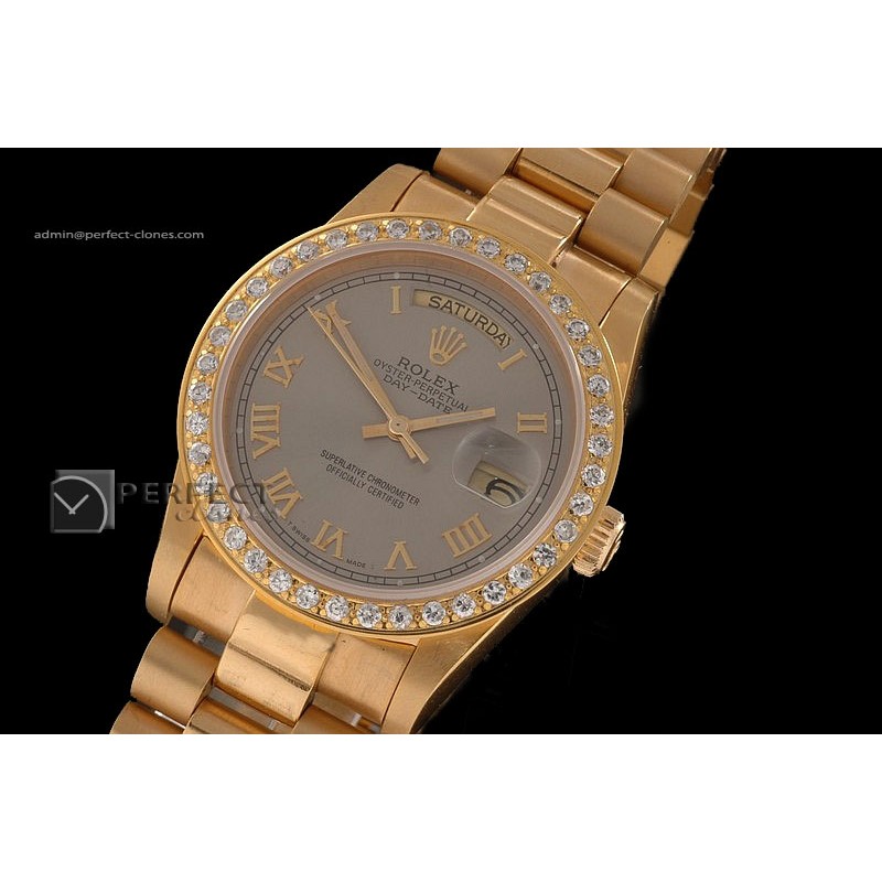 RLDDF10032 Full Gold Grey Dial Roman Markers Diam Bez Eta 2836