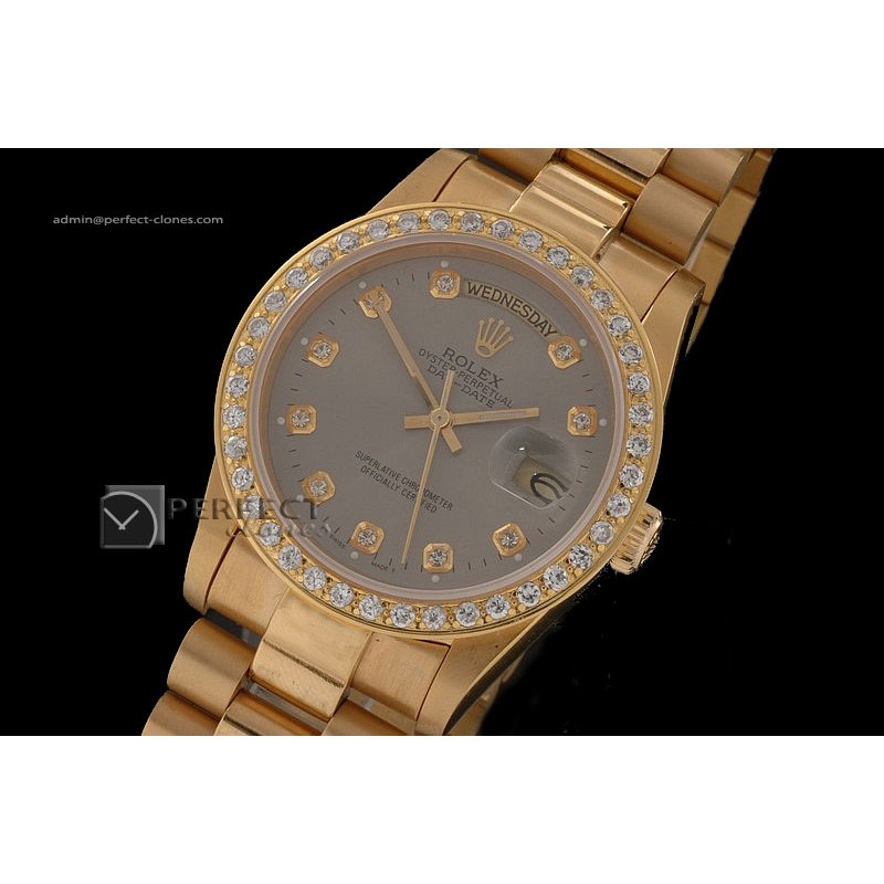 RLDDF10033 Full Gold Grey Dial Diamond Markers Diam Bez Eta 2836
