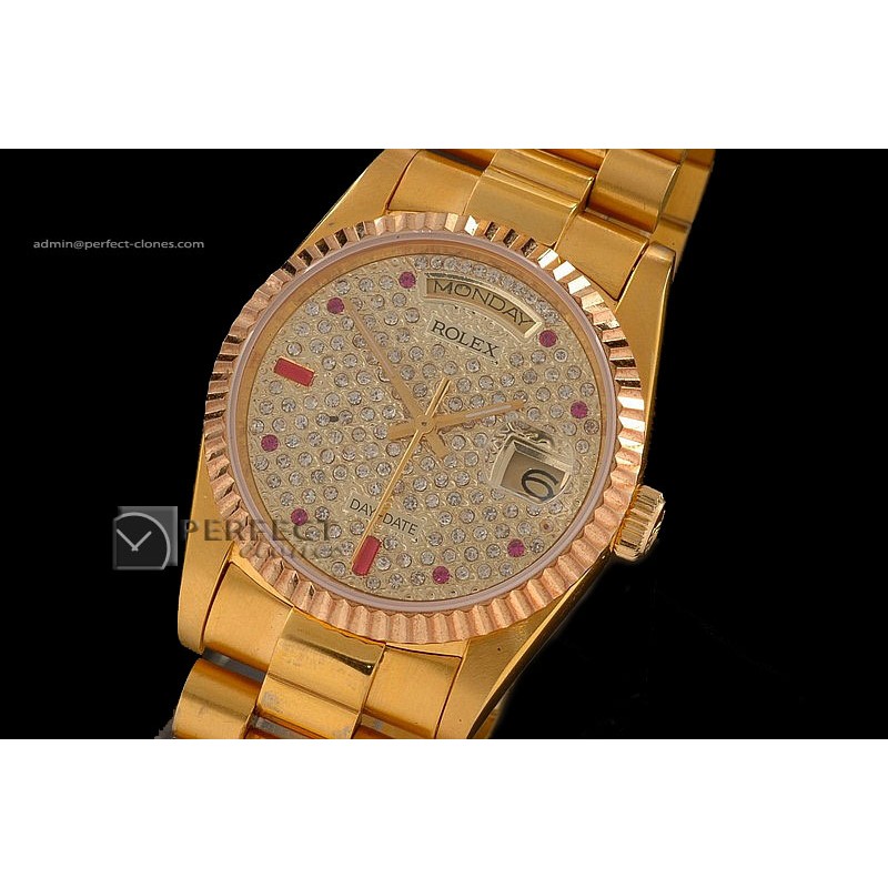 RLDDF10019 Full Gold Diamond Dial Ruby Markers Eta 2836-2