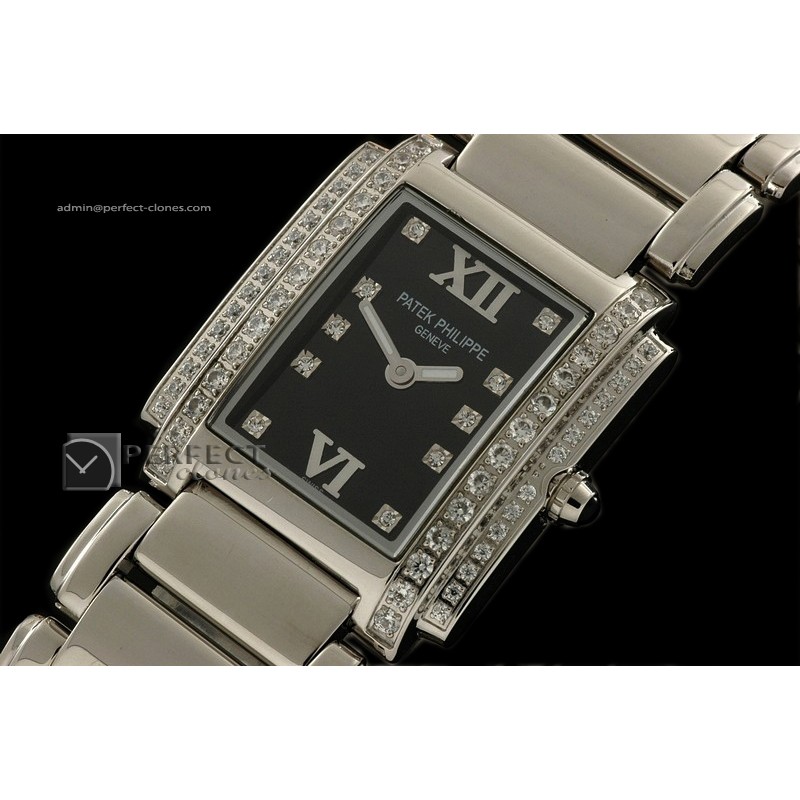 PP01005 Ladies 24 Hours Double Diamonds SS Black Swiss Quartz