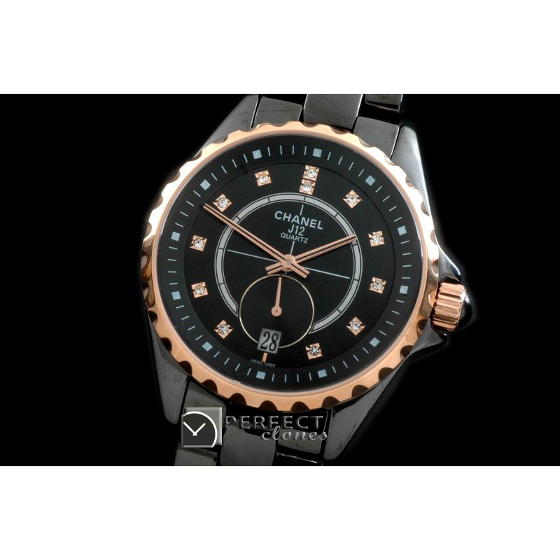 CHA365-114 J12 365 TT CER/CER Black Diam Swiss Qtz