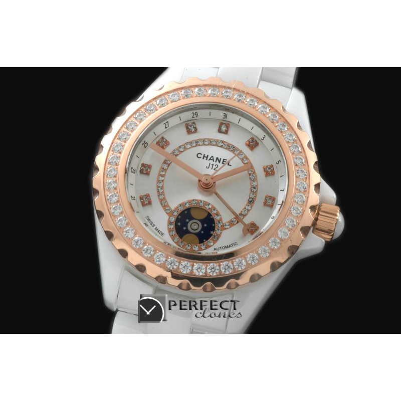 CHA00808D J12 Moonphase Cerarmic RG White Jap Quartz