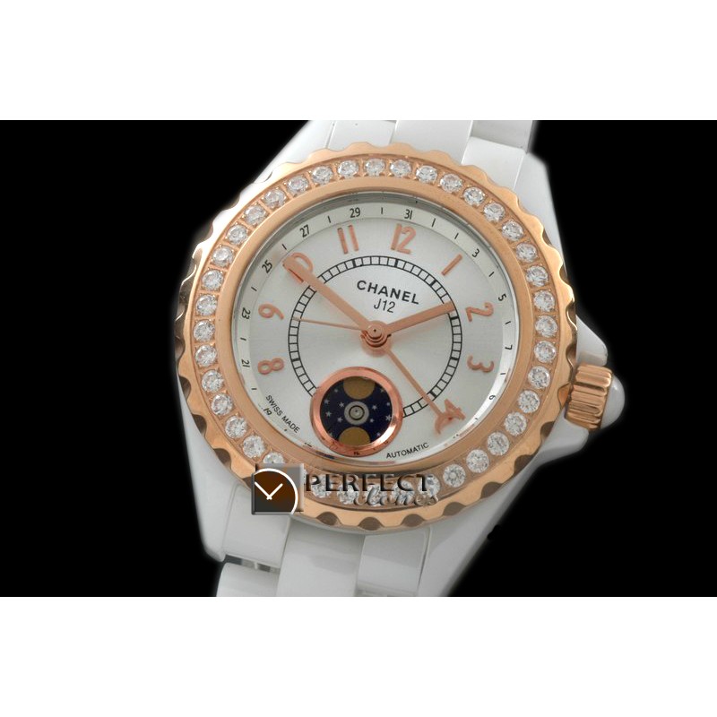 CHA00806D J12 Moonphase Cerarmic RG White Jap Quartz