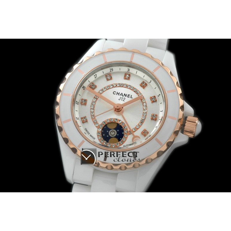 CHA00808 J12 Moonphase Cerarmic RG White Jap Quartz