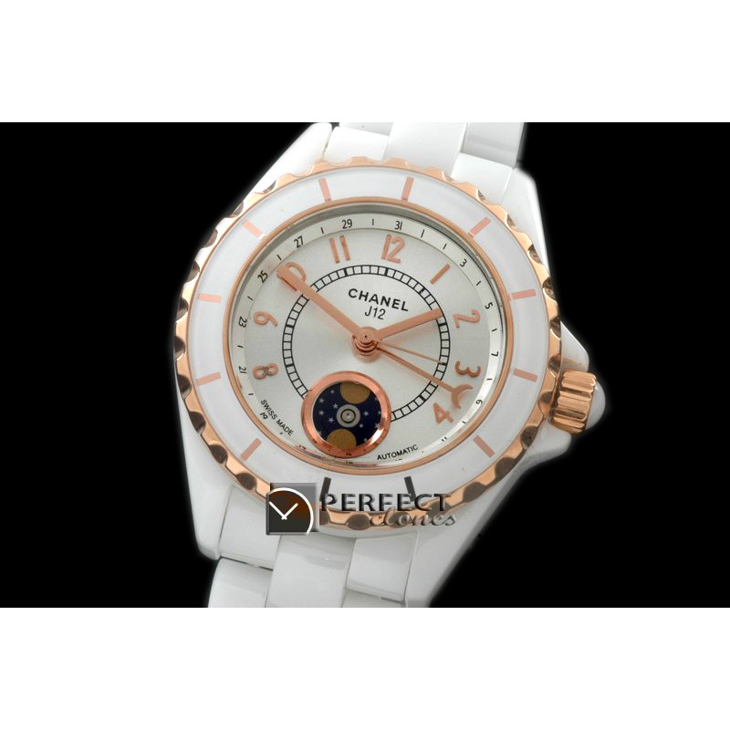 CHA00806 J12 Moonphase Cerarmic RG White Jap Quartz