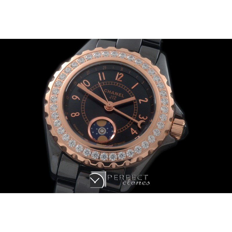 CHA00807D J12 Moonphase Cerarmic RG Black Jap Quartz
