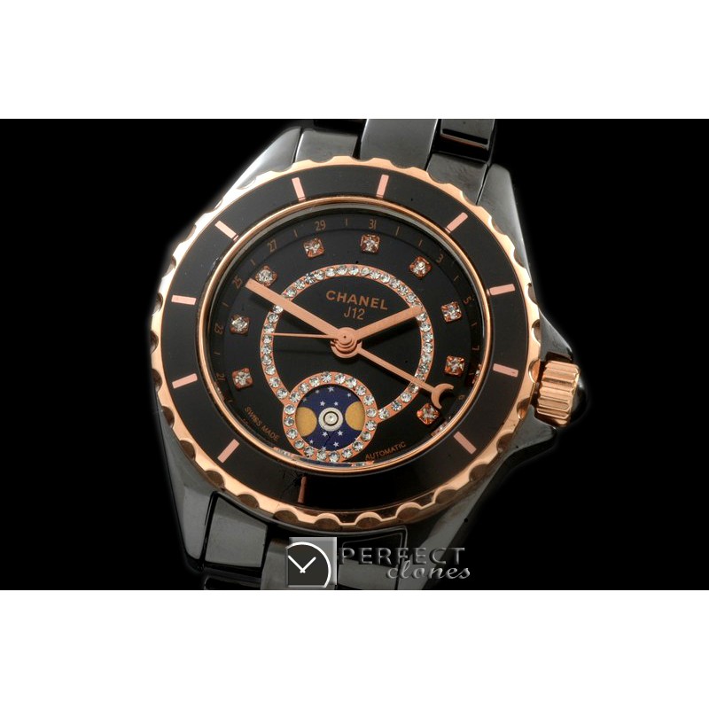 CHA00809 J12 Moonphase Cerarmic RG Black Jap Quartz