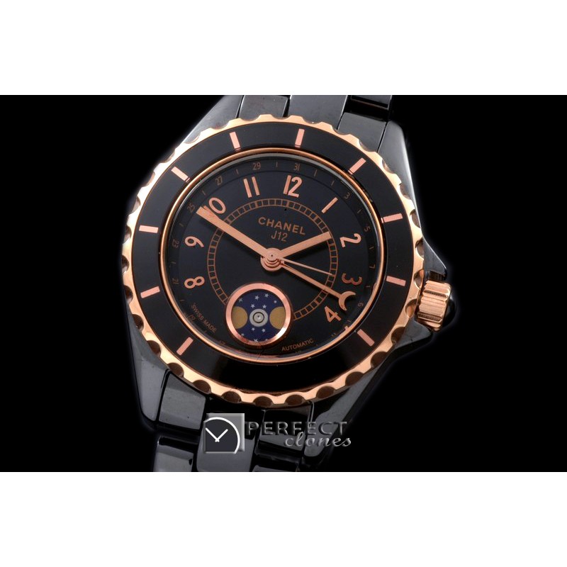 CHA00807 J12 Moonphase Cerarmic RG Black Jap Quartz